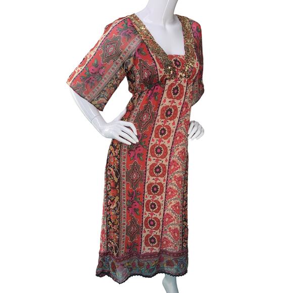 New Look Womens Size UK 12 US 8 Kaftan Midi Dress Half Sleeve Paisley Silk Red - Picture 10 of 15